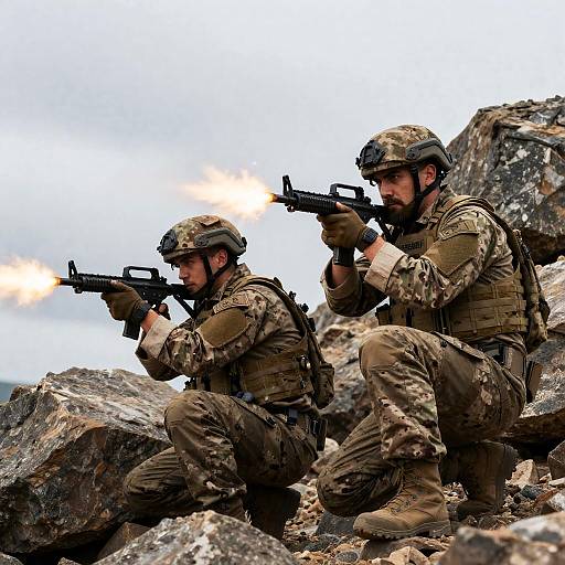 Soldiers Firing Rifles in Rocky Terrain