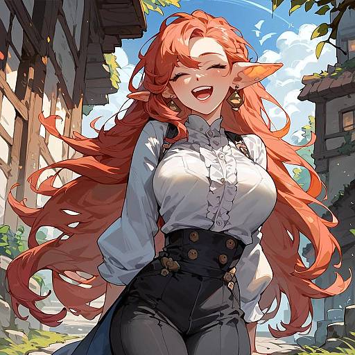 Anime-style digital illustration of a smiling, red-haired elf woman with large breasts, wearing a white blouse and black high-waist pants, standing in
