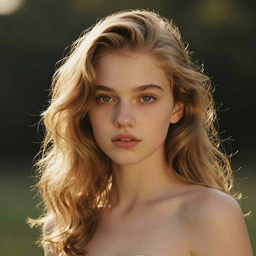 Photograph of a young, fair-skinned woman with wavy, blonde hair, green eyes, and natural makeup, standing outdoors with a blurred green