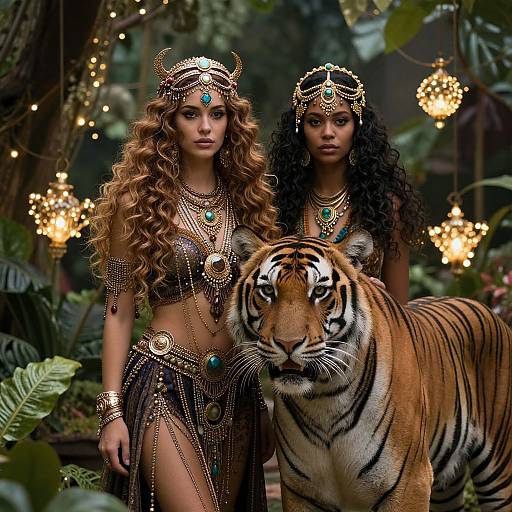 Photograph-like digital art: Two curly-haired, brown-skinned women in ornate, jewel-embellished attire stand beside a tiger in a