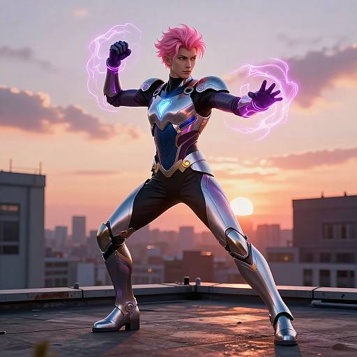 Pink-Haired Superhero on Rooftop