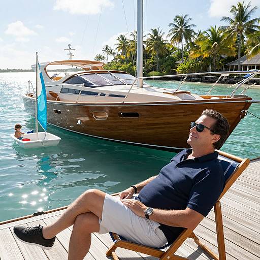 Photograph of a man in a navy shirt and white shorts relaxing on a wooden dock, with a large wooden yacht and a small inflatable boat in a
