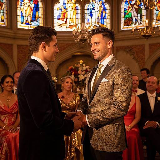 Photograph of two men in formal suits, shaking hands in a church with colorful stained glass windows and guests in red and gold dresses.