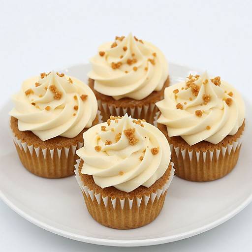 Photograph of four vanilla cupcakes with swirled cream frosting and sprinkled nut crumbs, arranged on a white plate.