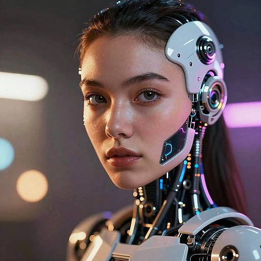 Photorealistic CGI of a young woman with cybernetic enhancements, featuring white robotic components on her head and neck, set against a blurred, colorful