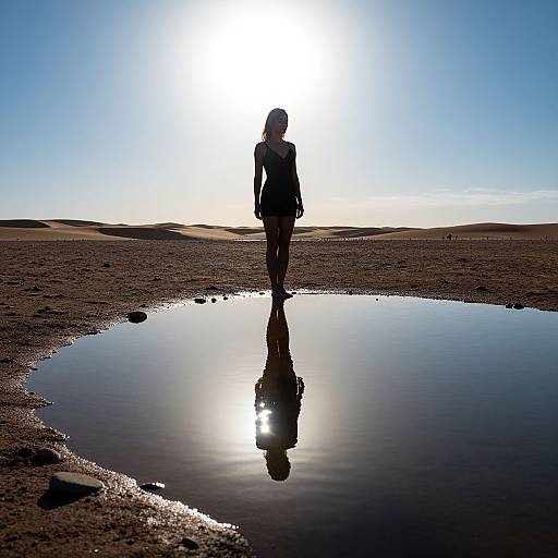 Silhouetted woman in dark clothing standing by reflective puddle in desert under bright sun, with clear blue sky and distant sand dunes.