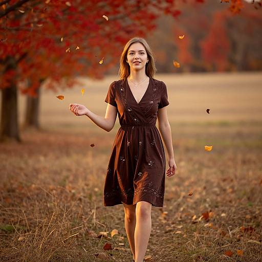 Photograph of a smiling young woman in a black V-neck dress, walking through an autumn park with red leaves, gently catching falling leaves in her hand