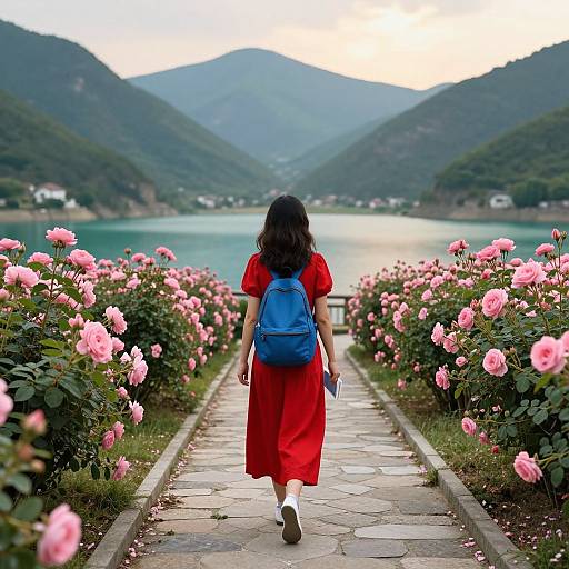 Photograph of a woman in a red dress and blue backpack walking away from a pink rose-lined path to a mountain lake.