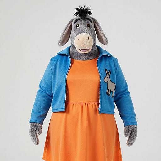 Photograph of a gray-furred donkey costume with black hair, wearing a bright orange dress and blue jacket, featuring a white goat patch on the