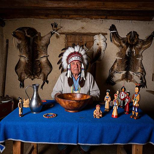 Photograph of elderly Native American man in white robe and feathered headdress, surrounded by dolls, taxidermy deer, blue tablecloth, wooden