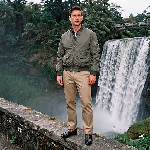 Photograph of a serious, short-haired man in a green jacket and beige pants standing on a stone ledge before a powerful waterfall surrounded by dense forest.