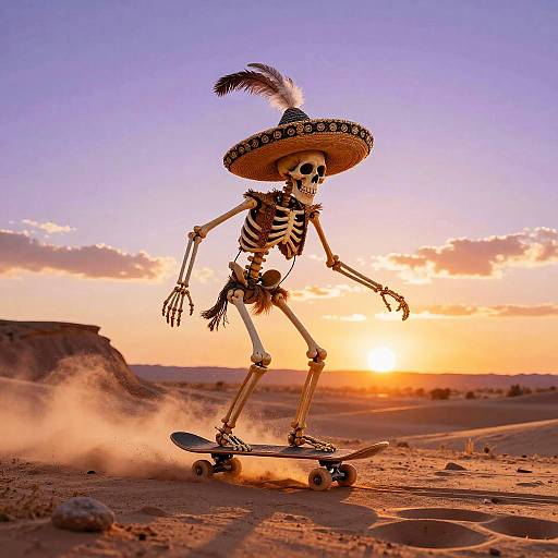 Photograph of a skeleton in a Mexican hat, skateboarding at sunset in a desert, with a colorful sky and dusty trail.