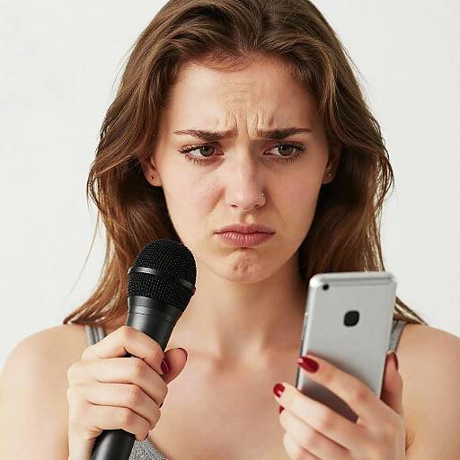 Photograph of a frustrated young woman with brown hair, holding a microphone in one hand and a smartphone in the other, against a white background, looking