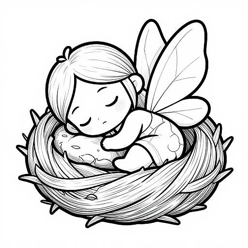 Black and white line drawing of a chubby fairy with closed eyes, sleeping in a detailed, textured bird's nest.
