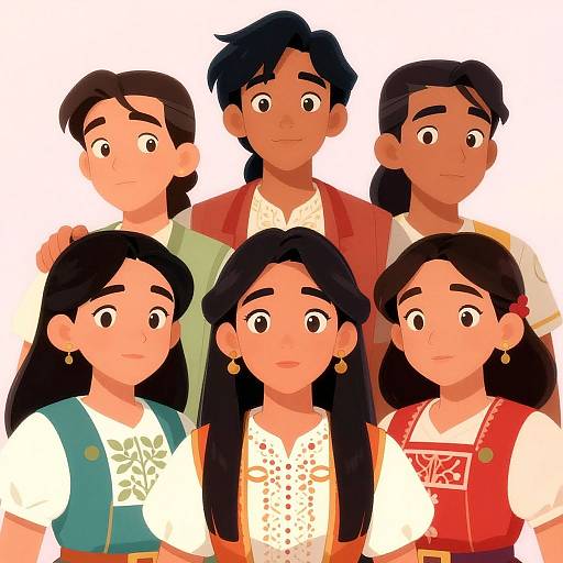 Digital illustration of five animated, brown-skinned, Hispanic children with black hair, wearing traditional clothing, standing close together against a white background.