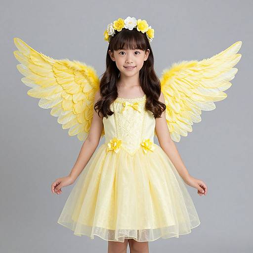 Photograph of an Asian girl with long black hair, wearing a yellow dress, yellow feather wings, and a yellow flower crown, smiling against a plain