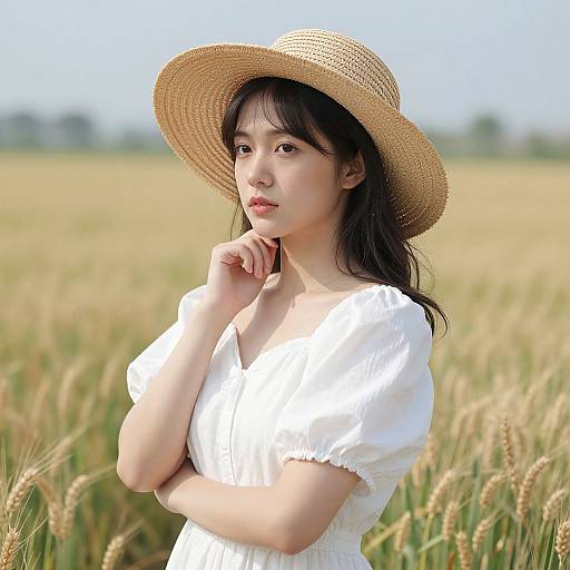 Photograph of an Asian woman with fair skin, black hair, wearing a white dress and straw hat, standing in a sunny wheat field.