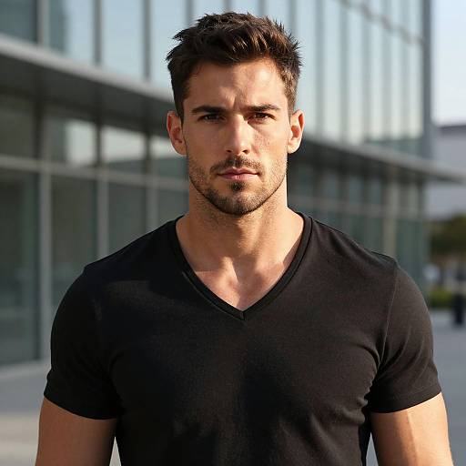 Photograph of a handsome, muscular man with short dark hair, trimmed beard, and intense gaze, wearing a black V-neck T-shirt, standing in