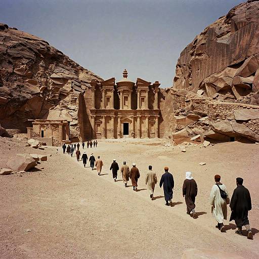 Photograph of a group of people walking towards a historic, sandstone temple with tall, rugged cliffs on either side under a clear blue sky.