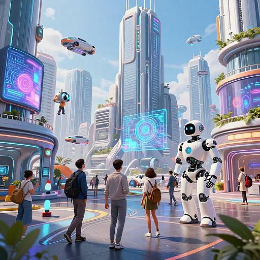 Digital artwork of a futuristic city with towering skyscrapers, flying cars, and a humanoid robot. People in casual clothes walk on a neon-lit