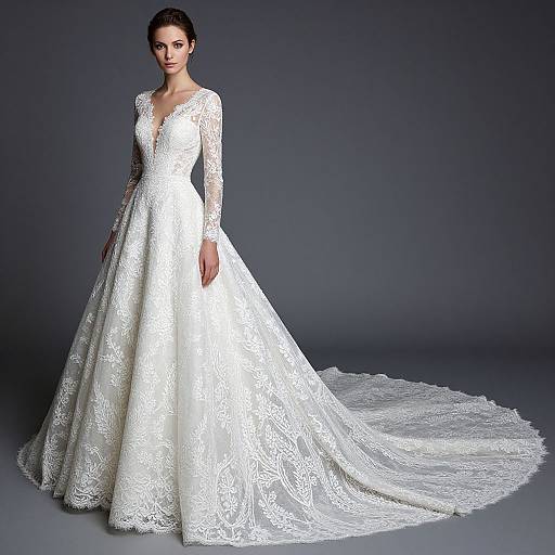 Photograph of a slender, fair-skinned woman with dark hair in an elegant, long-sleeved, lace white wedding gown with a flowing train