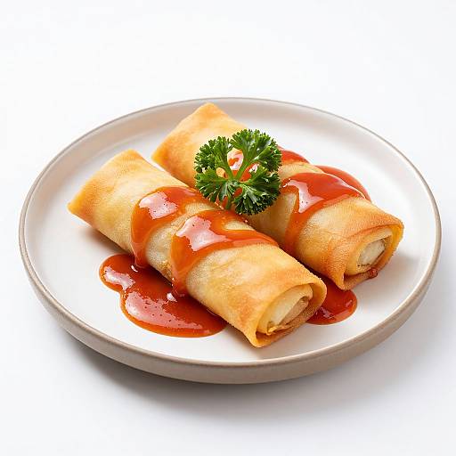 Photograph of two rolled spring rolls with golden-orange wrappers, garnished with red dipping sauce and a sprig of parsley on a white plate.
