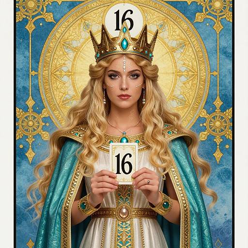 Digital artwork of a blonde queen with wavy hair, gold crown, turquoise cloak, white dress, holding number cards 15 and 16, against