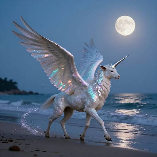 Photograph of a glowing, white, winged unicorn with a unicorn horn, running on a moonlit beach with iridescent wings and full moon