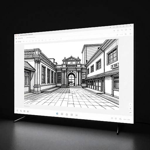 Black-and-white ink drawing of a grand, neoclassical building with columns and an archway, displayed on a dark wall.