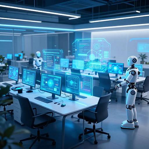 Photograph of a futuristic office with blue-lit computer screens, a white humanoid robot interacting with holographic interfaces, and other robots in the background.