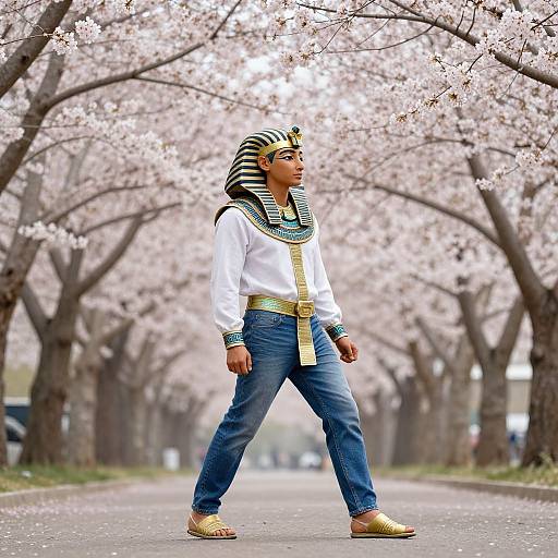 Photograph of a young man in traditional Egyptian attire, walking through a cherry blossom-lined path, wearing a striped headpiece, white shirt, blue jeans