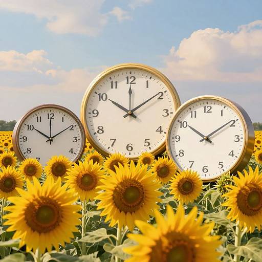 Photograph of three large, gold-framed clocks in a sunflower field, all showing different times, under a bright blue sky with clouds.