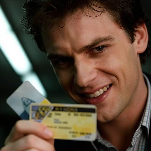 Photograph of a smiling, curly-haired man holding a yellow credit card with a blue logo, close-up, indoors, dim lighting.