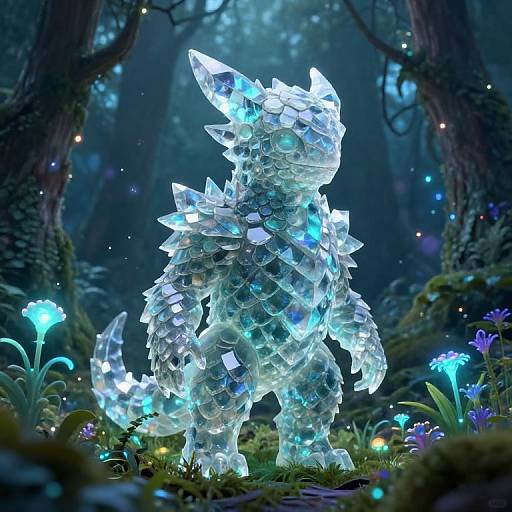 Glowing, crystal-like, dragon-like creature stands in a mystical forest with ethereal blue lights, surrounded by luminescent flowers and enchanted foliage