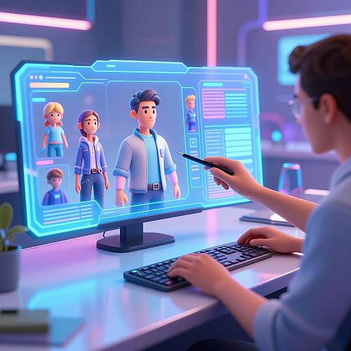 CGI image: A man in glasses and a blue shirt interacts with a glowing blue holographic screen displaying animated characters.