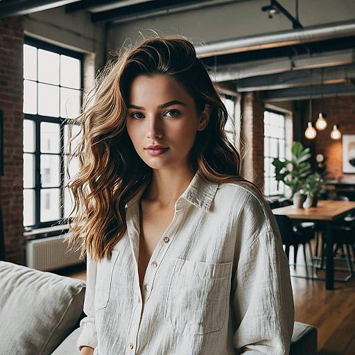 Young Woman with Soft Waves Hairstyle in Loft Apartment