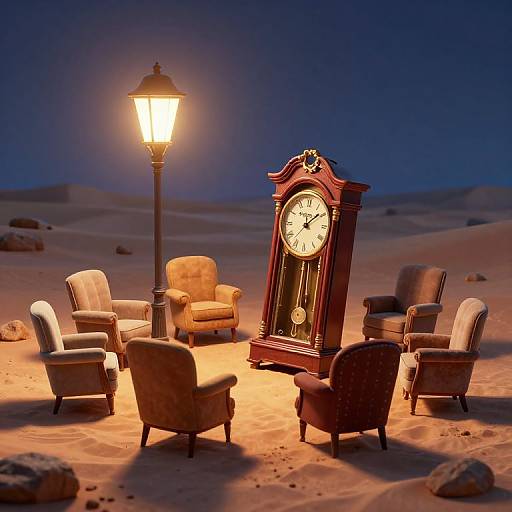 Surreal Desert Scene with Floating Chairs