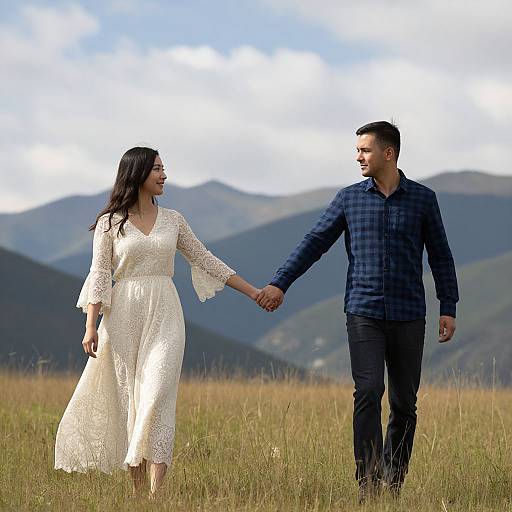Photograph of a smiling couple holding hands in a grassy field, with mountains and a blue sky in the background. She wears a white lace dress