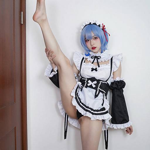 Blue-Haired Woman in Maid Outfit
