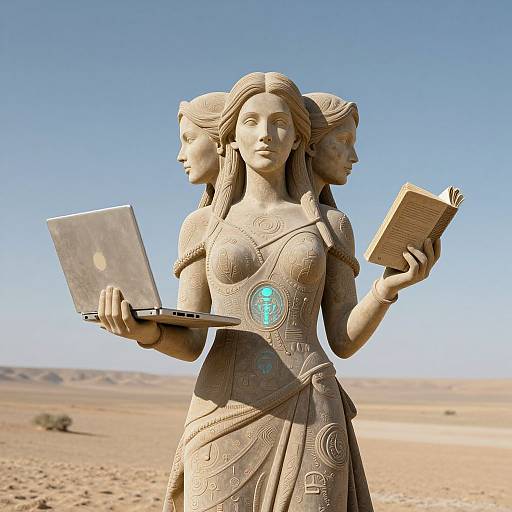 Surreal Multi-Headed Statue in Desert
