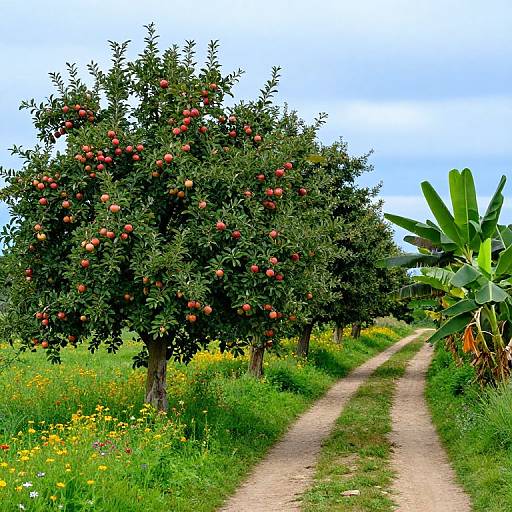 Photograph of a sunny orchard with two apple trees laden with red apples, a dirt path, and a banana plant on the right.