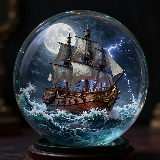Photorealistic digital artwork of a stormy glass snow globe featuring a wooden pirate ship with billowing sails, lightning, and crashing waves under a full