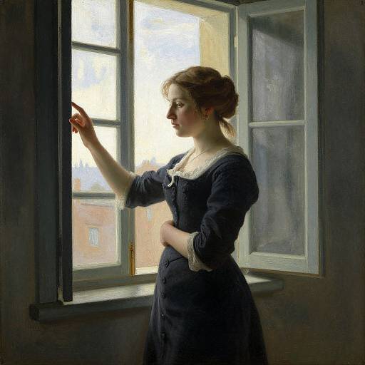 Photograph-style digital painting of a pregnant woman in a dark blue Victorian dress, gazing out a sunlit window, touching the frame. Soft light