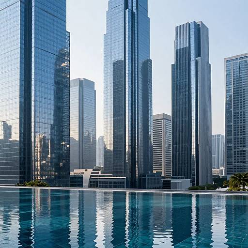 Photograph of modern skyscrapers with reflective glass facades, towering over a calm, blue swimming pool reflecting the buildings. Bright daylight.