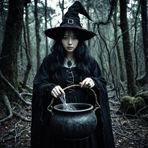 Witch with Cauldron in Dark Forest