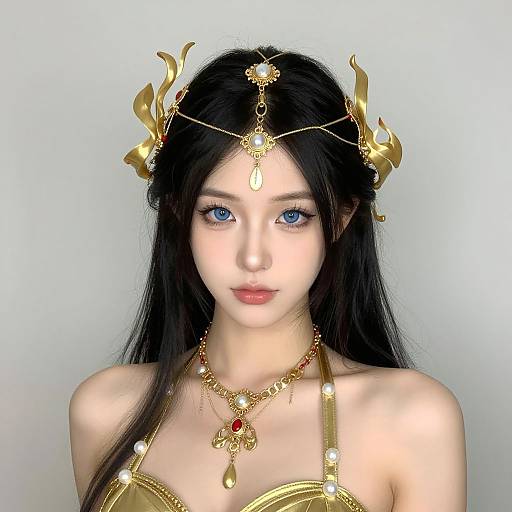 Photograph of a fair-skinned woman with blue eyes, long black hair, wearing a gold headpiece, necklace, and strapless golden dress,