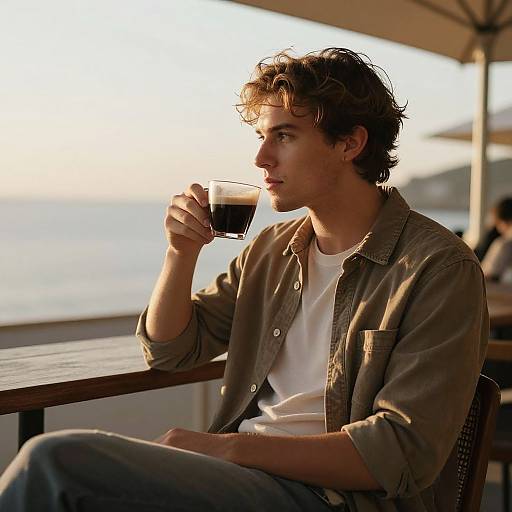 Photograph of a young man with curly brown hair, wearing a beige shirt and white t-shirt, sipping coffee at a seaside cafe. Sunlight