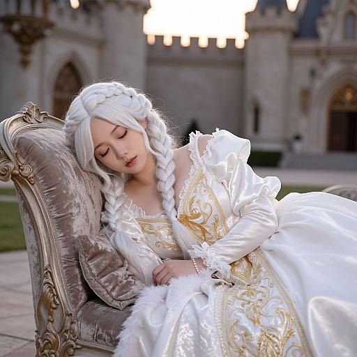 Photograph of a white-haired woman in an elaborate white and gold medieval-style dress, sleeping on an ornate gray velvet chair in front of a castle