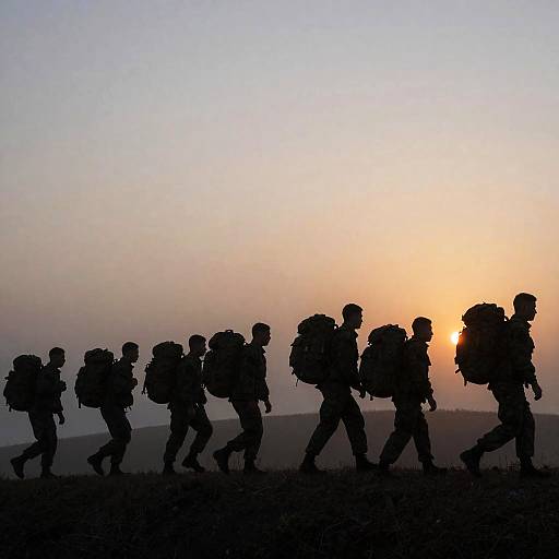 Soldiers Silhouetted Against Sunset Landscape
