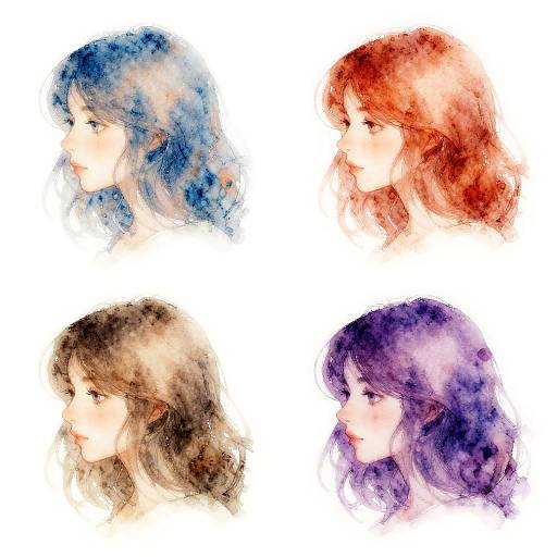 Watercolor-style digital illustration of four anime girls with different hair colors: blue, red, brown, and purple, each in profile view.